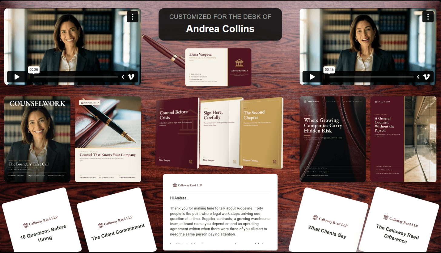 An ActiDesk package from a business law firm partner to a company founder: two videos from the attorney, a business card and pen, a magazine feature, a firm profile, a founder risk report, an outside counsel program guide, three books, four client guide cards and a cover letter