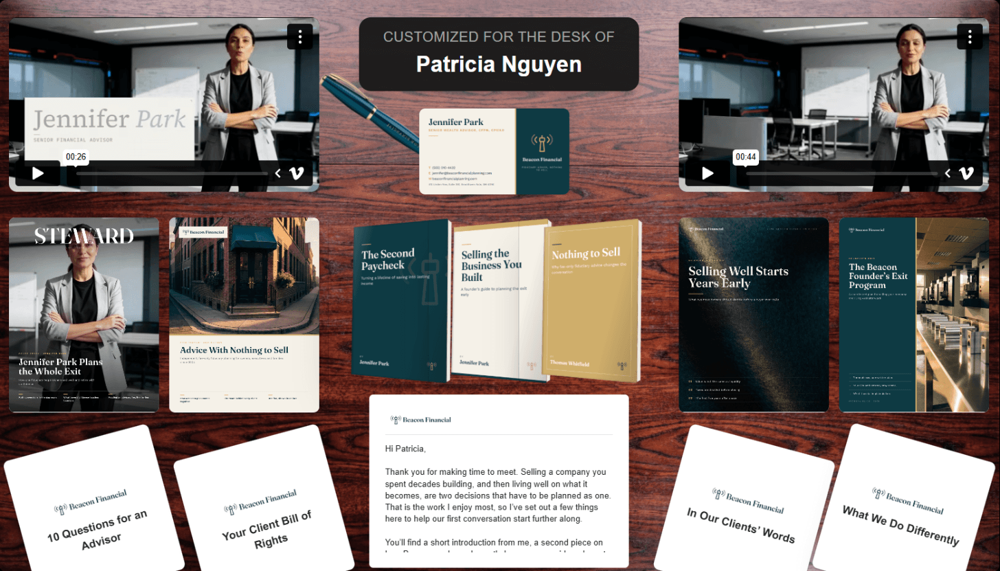 An ActiDesk package from a wealth advisor to a business owner: two videos from the advisor, a business card and pen, a magazine feature, a firm profile, a transition report, a program guide, three books, four client guide cards and a cover letter