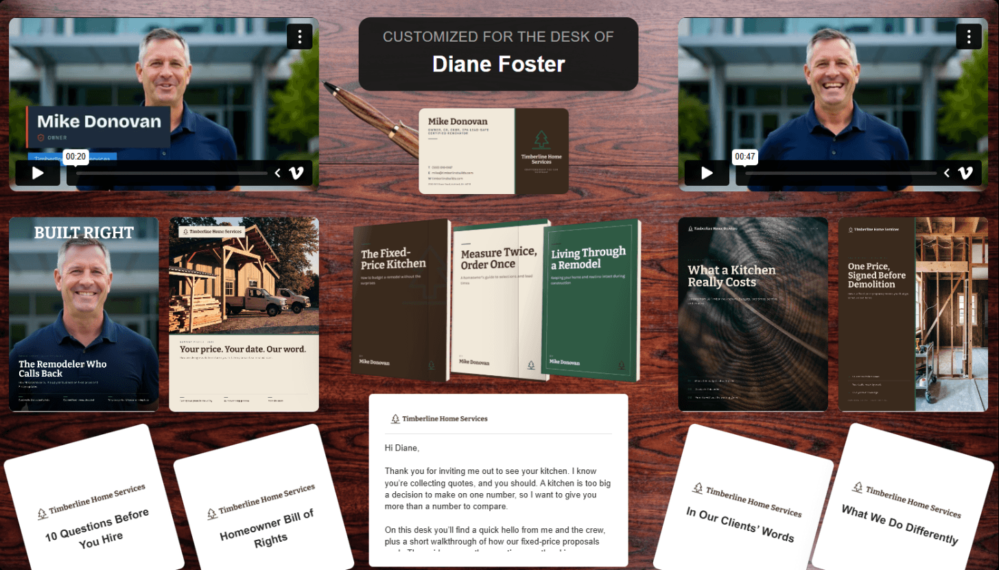 An ActiDesk package from a remodeling contractor to a homeowner: two videos from the owner, a business card and pen, a magazine feature, a company profile, a kitchen cost report, a fixed-price program guide, three books, four homeowner guide cards and a cover letter