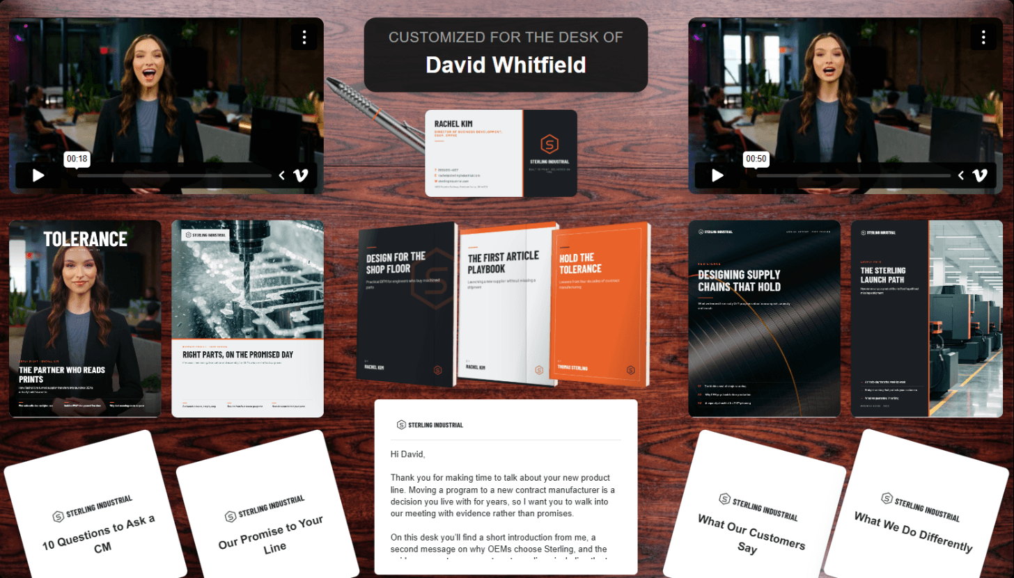 An ActiDesk package from a contract manufacturer to an OEM buyer: two videos from the business development director, a business card and pen, a magazine feature, a company profile, a supply chain report, a launch guide, three books, four buyer guide cards and a cover letter