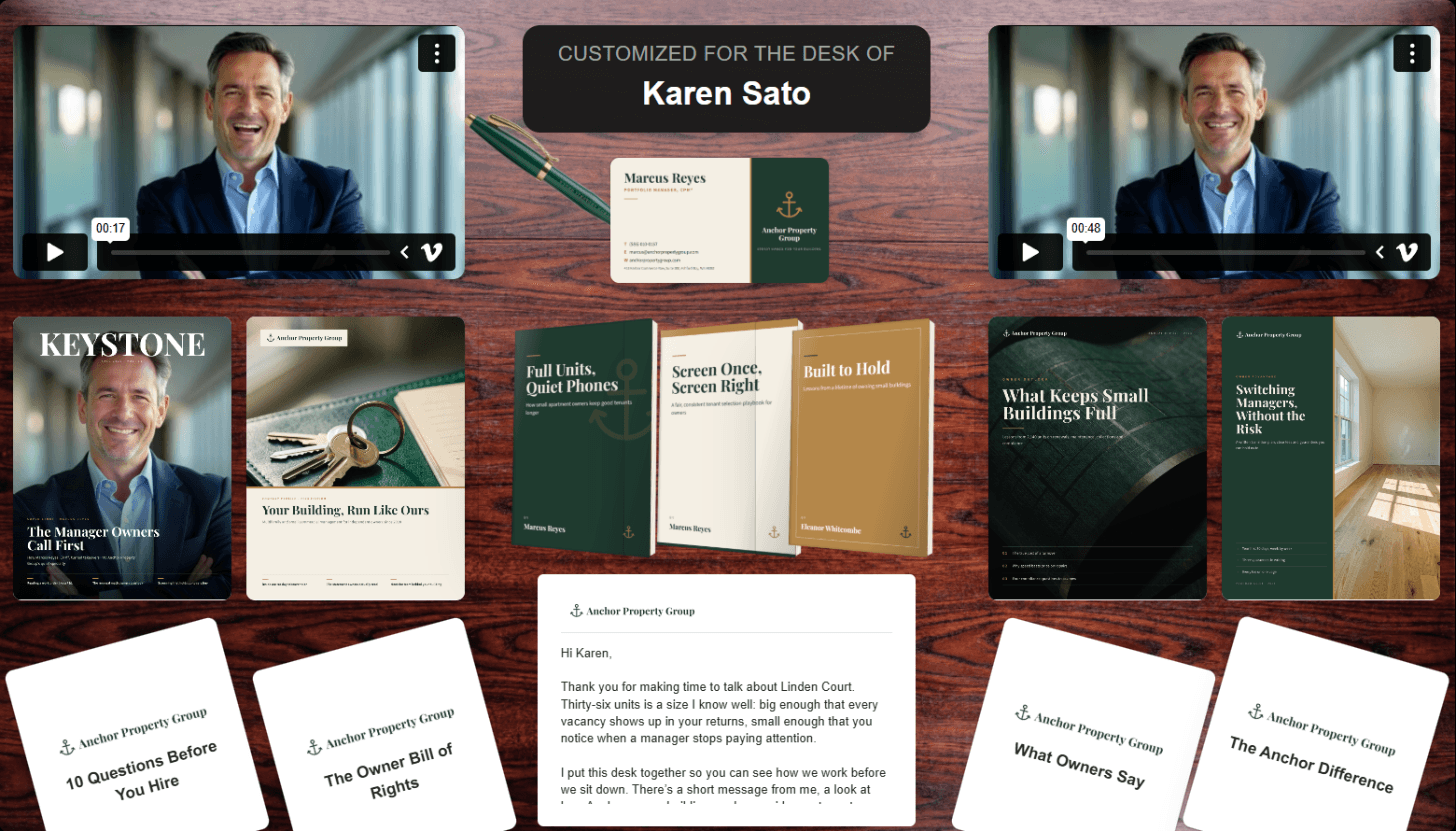 An ActiDesk package from a property manager to a building owner: two videos from the portfolio manager, a business card and pen, a magazine feature, a company profile, an owner report, a program guide, three books, four owner guide cards and a cover letter