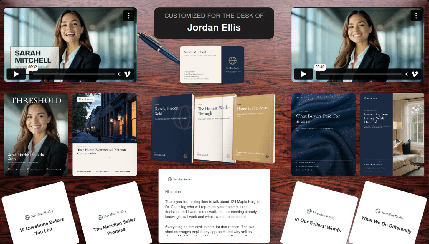 An ActiDesk package from a listing agent to a home seller: two videos from the agent, a business card and pen, a magazine feature, a company profile, a seller market report, a program guide, three books, four seller guide cards and a cover letter