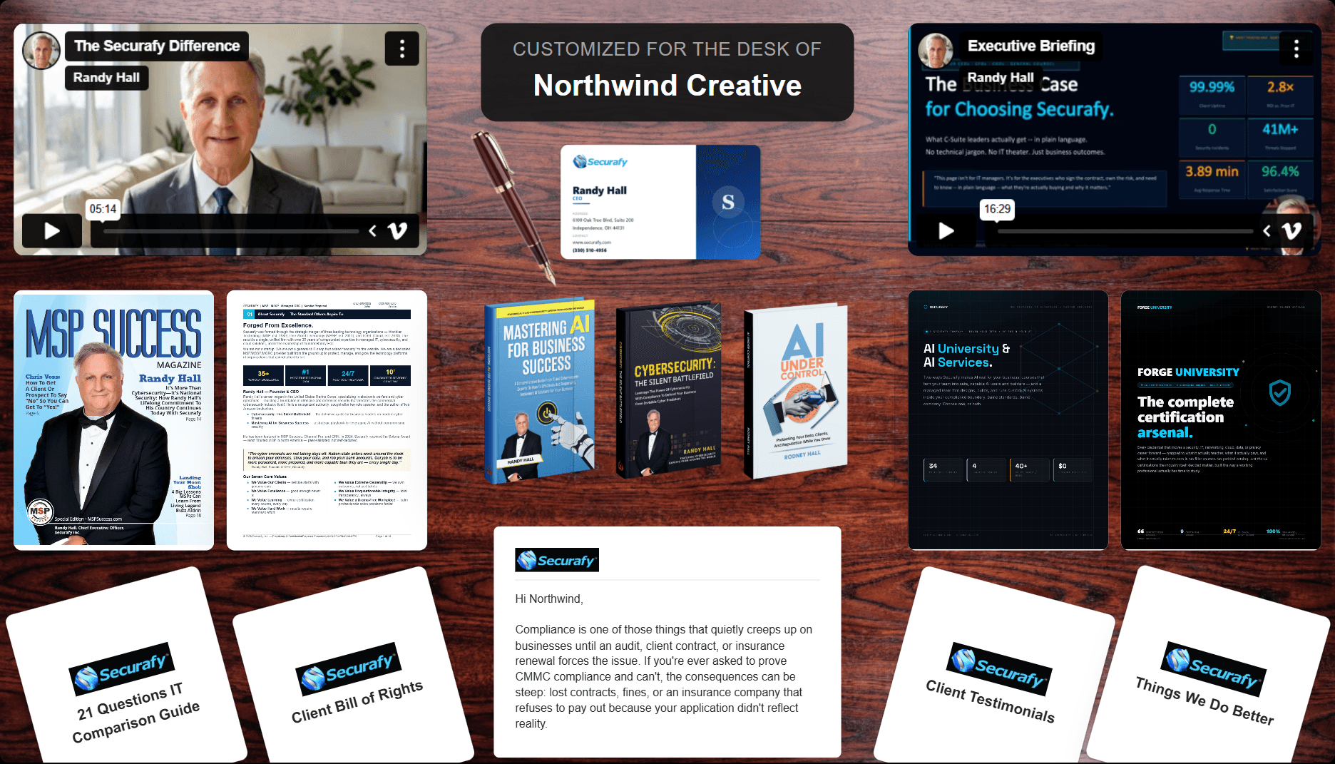 An ActiDesk package customized for the desk of Northwind Creative: two video messages, a business card, a magazine feature and company profile, three books, two brochures, four guide cards and a cover letter on a wooden desk