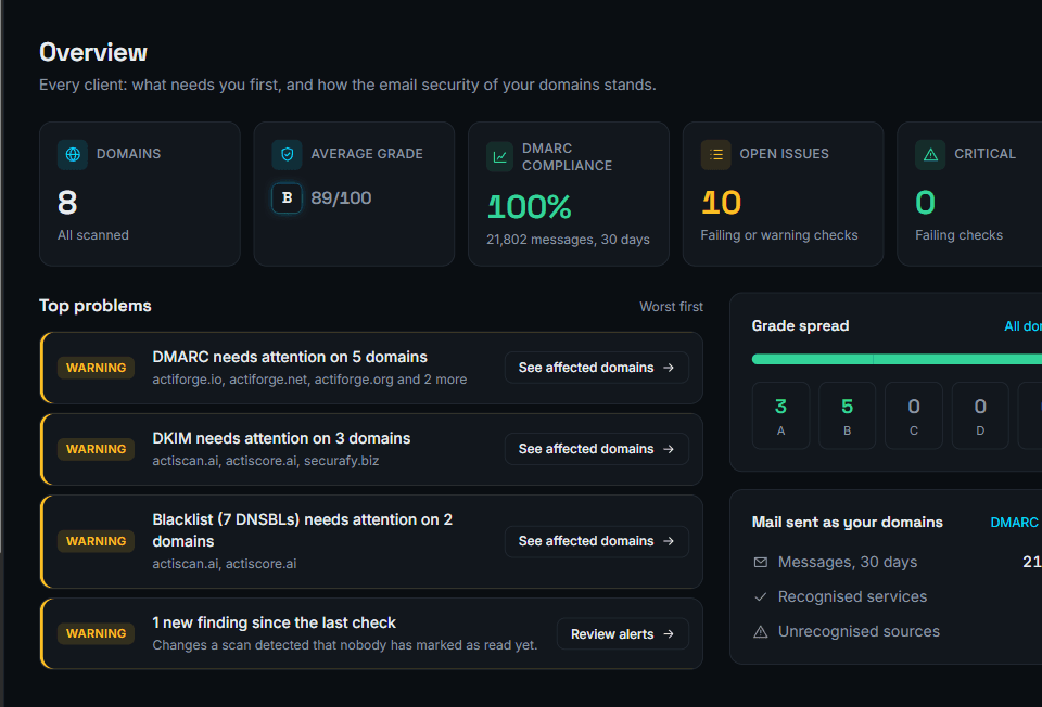 ActiScan's Overview dashboard: domain count, average grade, DMARC compliance, open issues and a Top problems list